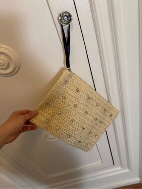 Beaded Rhinestone Cream Woven Beach Bag Straw Wristlet Clutch